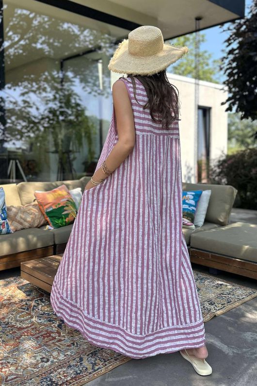 Made in Italy Marina Chalk Stripe Pocketed Sun Dress Indian Pink
